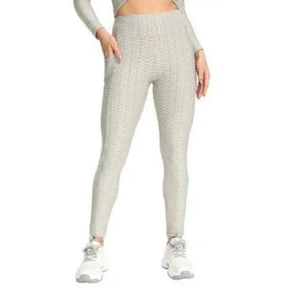 Stevvex New Women Fitness Pocket Push Up Leggings high-waist light gray textured leggings on Tampa Home & Garden Store