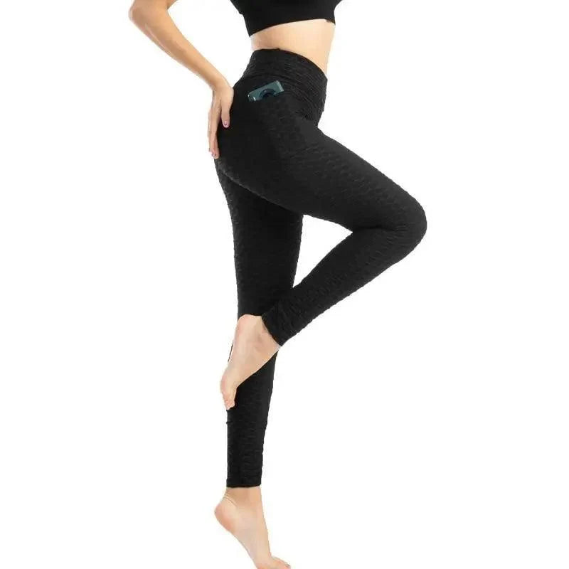 Stevvex black high-waist pocket leggings for fitness with built-in phone pocket, textured knit on Tampa Home & Garden Store