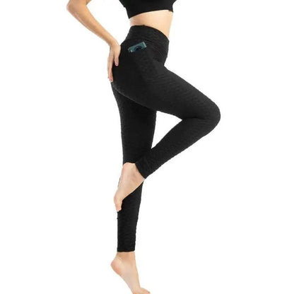 Stevvex black high-waist pocket leggings for fitness with built-in phone pocket, textured knit on Tampa Home & Garden Store