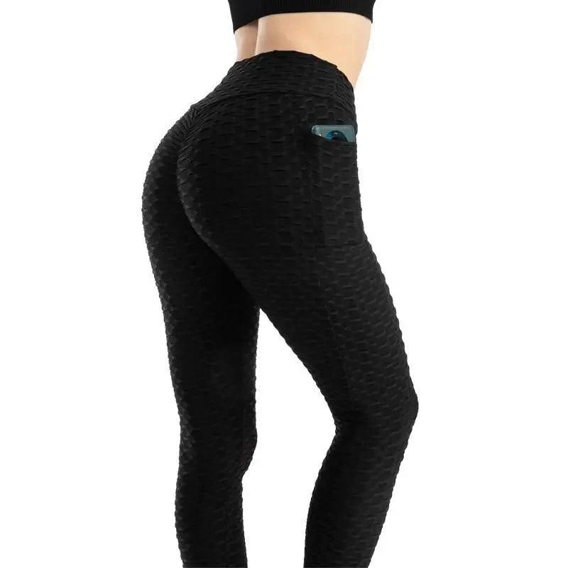 Women Fitness Pocket Leggings High Waist by Stevvex with black textured fabric back pocket on Tampa Home & Garden Store