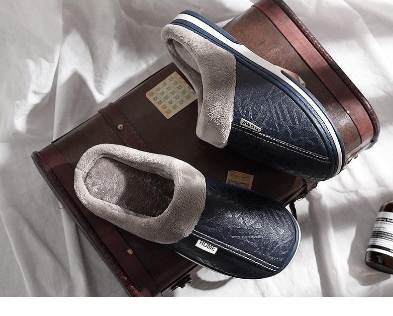 Stevvex navy PU leather slippers with plush lining and memory foam, slip-on indoor footwear on Tampa Home & Garden Store