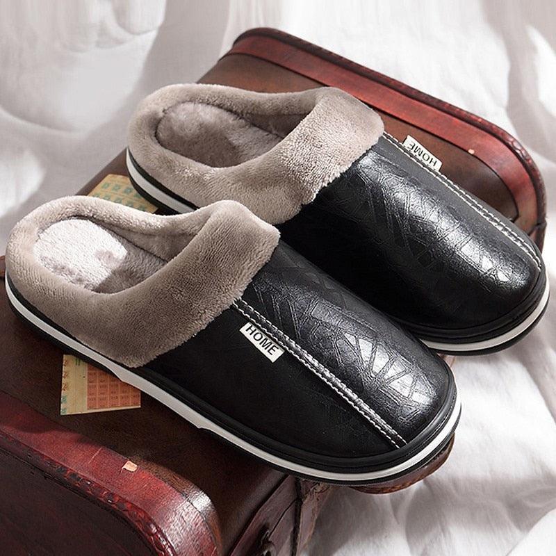 Unisex black PU leather slippers pair with plush beige lining for cozy indoor wear on Tampa Home & Garden Store
