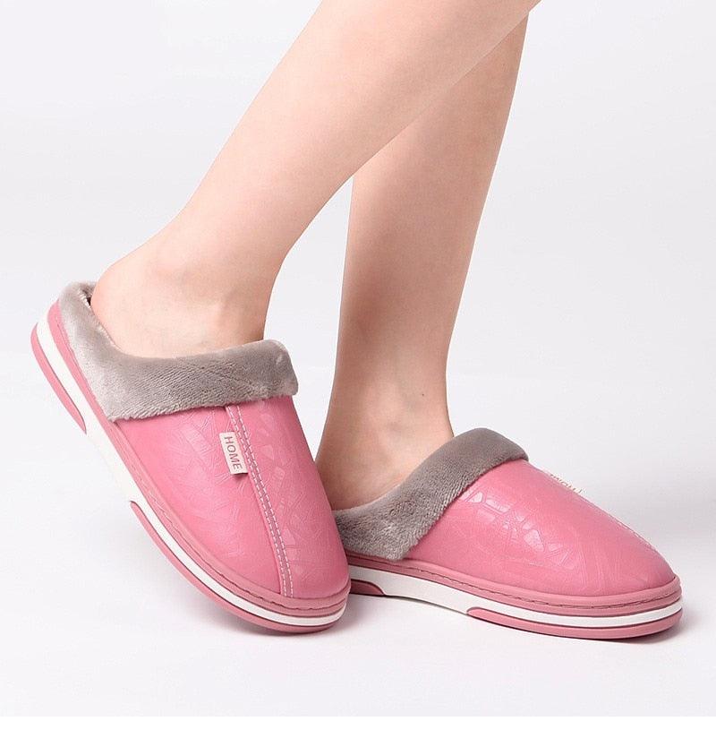 Pink PU leather slip-on house slippers with plush grey lining and memory foam by Stevvex on Tampa Home & Garden Store