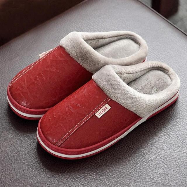 Slippers Stevvex red PU leather winter slippers with plush gray lining indoor footwear on Tampa Home & Garden Store