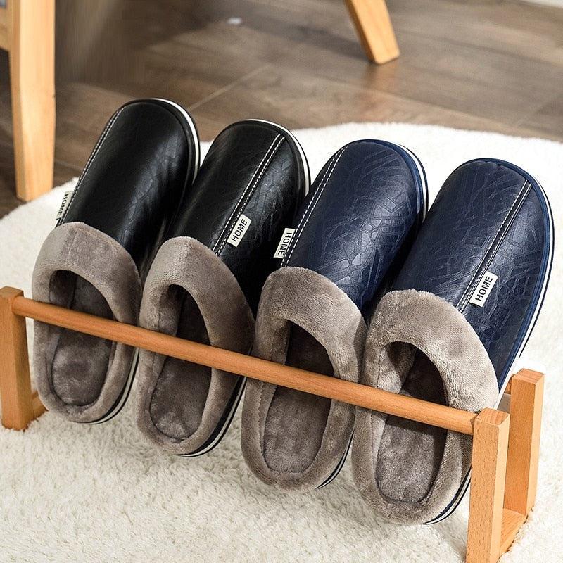 Winter slippers Stevvex, PU leather slip-ons with plush gray lining, black and navy, 4 pairs on Tampa Home & Garden Store