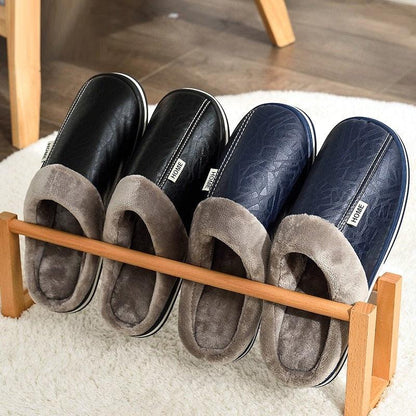 Winter slippers Stevvex, PU leather slip-ons with plush gray lining, black and navy, 4 pairs on Tampa Home & Garden Store
