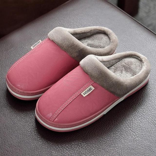 Stevvex pink winter slippers with grey plush lining and memory foam, slip-on footwear on Tampa Home & Garden Store