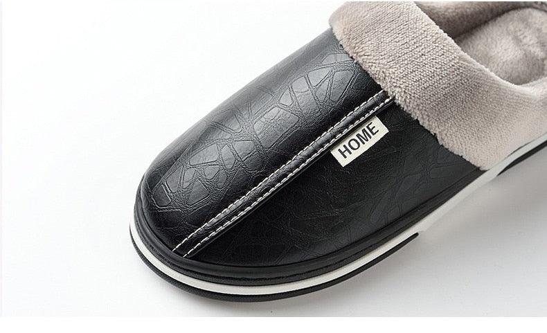 Unisex black PU leather winter house slipper with beige plush lining and white sole on Tampa Home & Garden Store