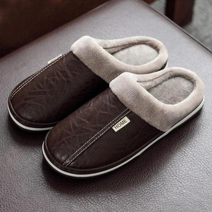 Slippers Stevvex brown PU leather with plush lining memory foam slip-on indoor house shoes on Tampa Home & Garden Store