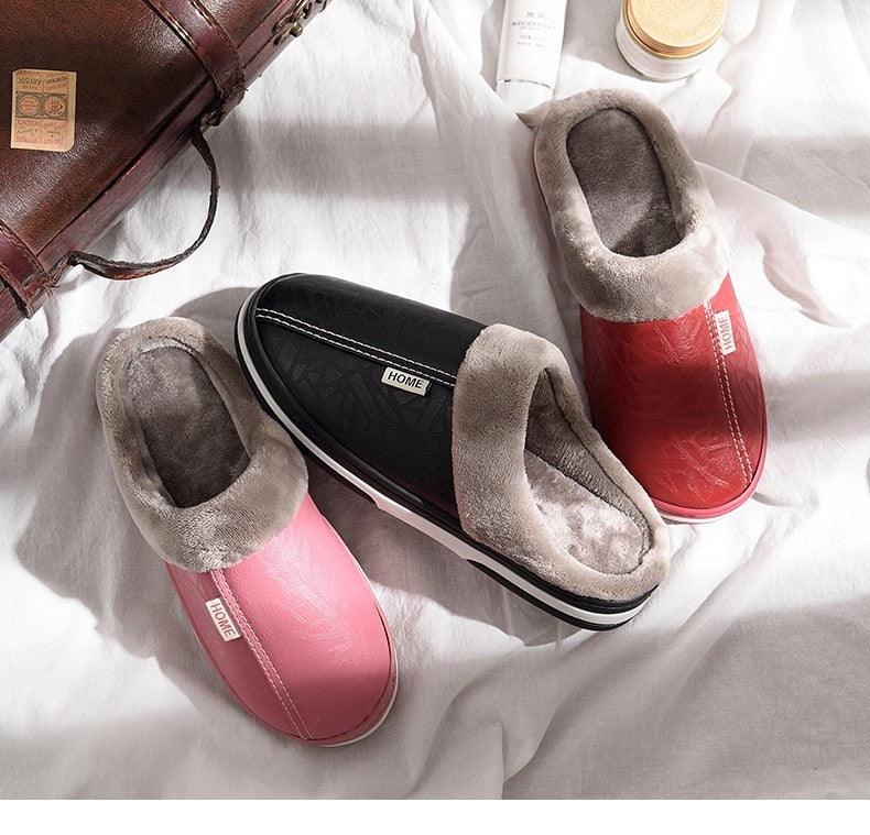 Slippers Stevvex PU leather with plush lining in pink black red, memory foam indoor slips on Tampa Home & Garden Store