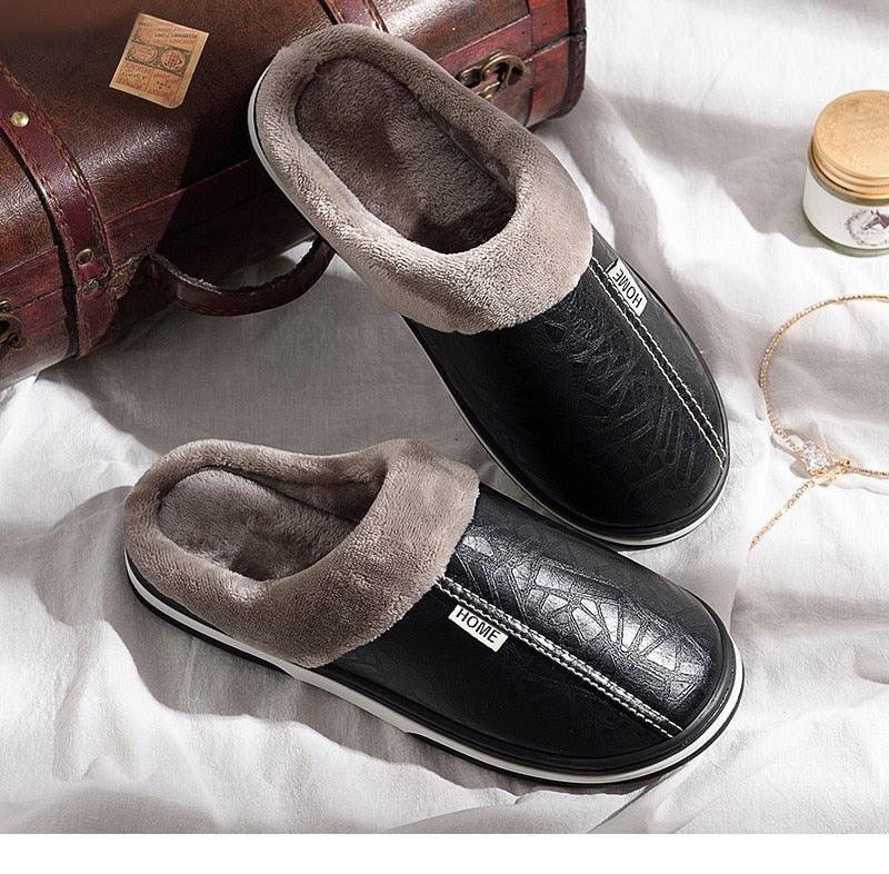 Stevvex black PU leather slippers with plush fur lining slip-on indoor slippers pair on Tampa Home & Garden Store