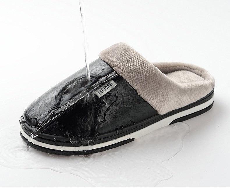 Stevvex black PU leather fluffy indoor slipper with beige plush lining memory foam on Tampa Home & Garden Store
