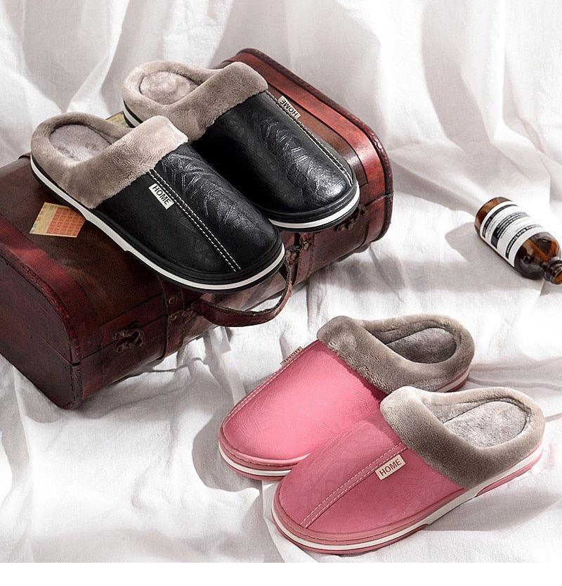 Stevvex house slippers two pairs, black and pink PU leather with plush lining memory foam on Tampa Home & Garden Store
