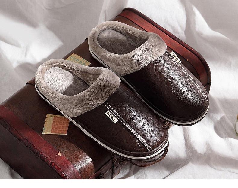 Stevvex brown PU leather slippers with plush gray lining and memory foam insoles, pair on Tampa Home & Garden Store