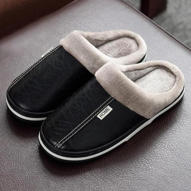 Stevvex black PU leather house slippers with beige plush lining, memory foam on Tampa Home & Garden Store