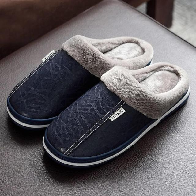 Navy PU leather house slippers with plush grey lining, slip-on pair for indoor use on Tampa Home & Garden Store