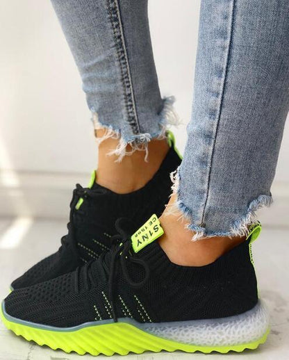 Stevvex women sneakers platform mesh, black knit upper with neon lime outsole and heel pull tab on Tampa Home & Garden Store