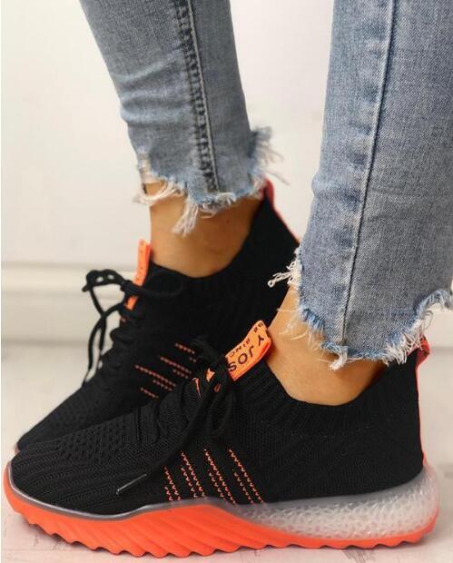 Stevvex women's platform sneakers with black mesh upper and orange pull tab and outsole on Tampa Home & Garden Store