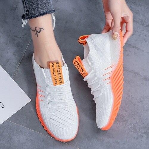 Stevvex white mesh platform sneakers pair with orange sole, slip-on casual walking shoes on Tampa Home & Garden Store