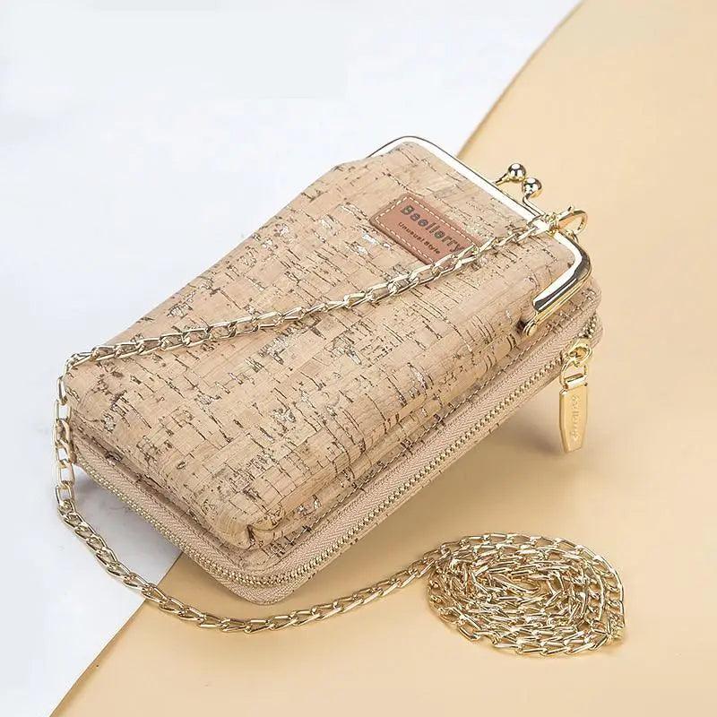 Stevvex crossbody bag beige cork texture with gold-tone chain strap on Tampa Home & Garden Store