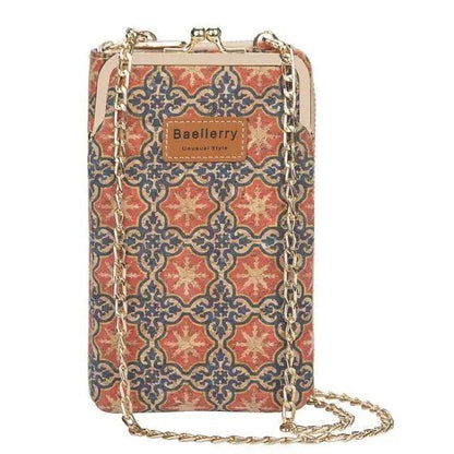 Crossbody bag damask pattern fabric, gold chain strap, Baellerry label plaque, Stevvex on Tampa Home & Garden Store