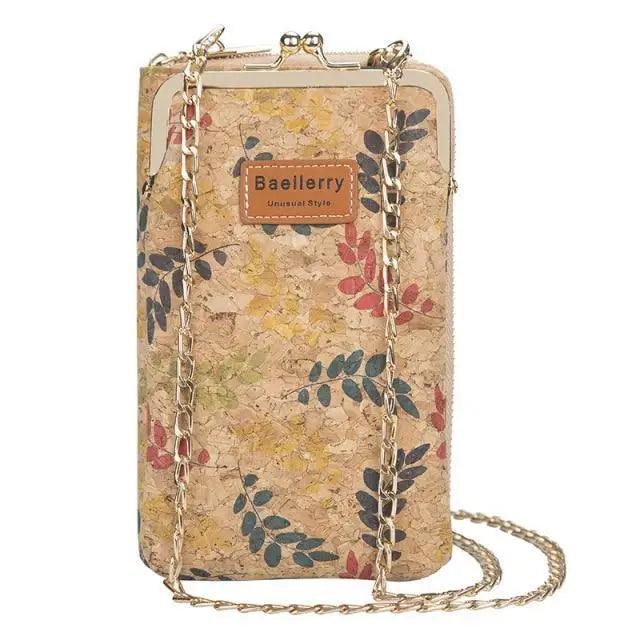 Stevvex crossbody bag with cork floral pattern, Baellerry label, gold chain strap on Tampa Home & Garden Store