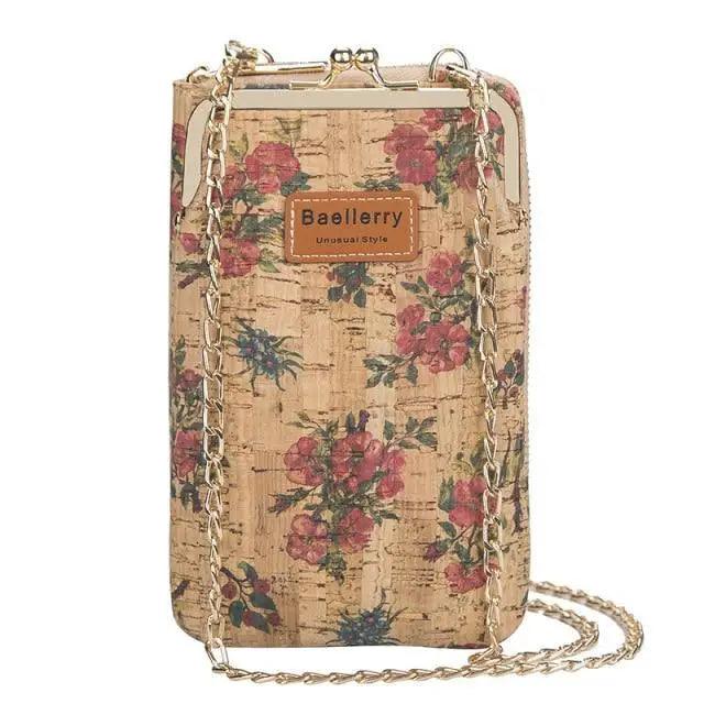 Crossbody bag floral cork texture with gold chain strap and Baellerry label on front on Tampa Home & Garden Store