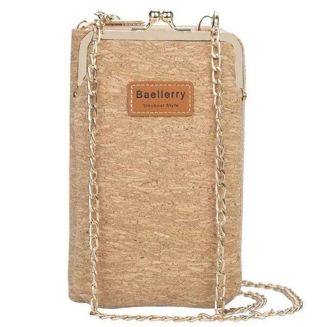 Crossbody cork-textured beige bag with gold chain strap and Baellerry patch on Tampa Home & Garden Store