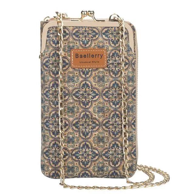 Stevvex crossbody bag beige fabric with floral motif, gold chain strap, Baellerry label on Tampa Home & Garden Store