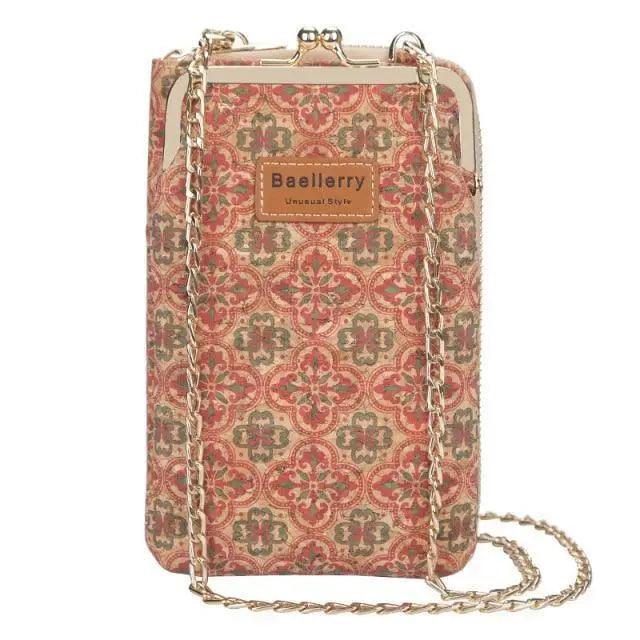 Crossbody Pu leather handbag with pink patterned fabric, gold chain strap, Baellerry label on Tampa Home & Garden Store