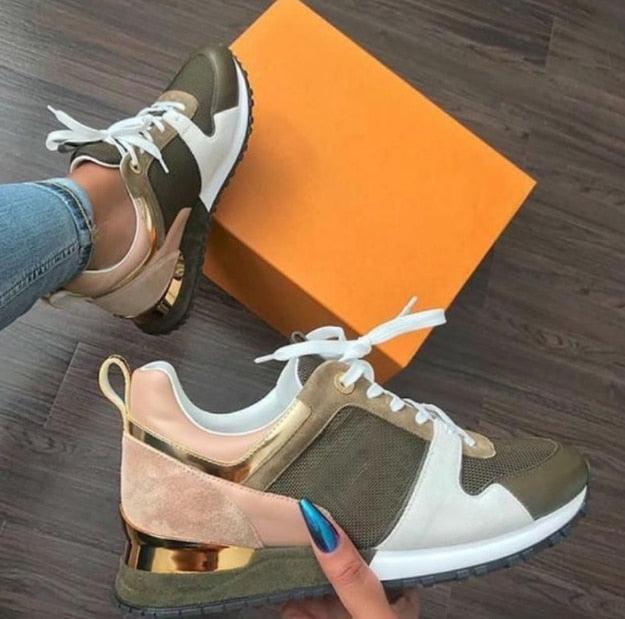 Stevvex women's sneakers pair olive green beige white blocks pink suede heel white laces on Tampa Home & Garden Store