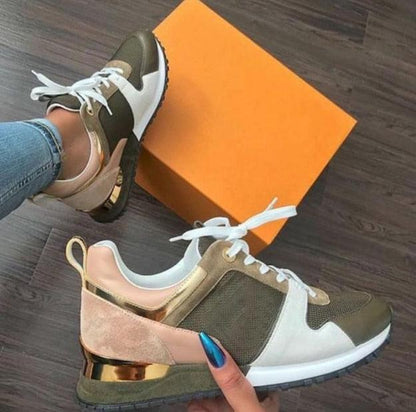 Stevvex women's sneakers pair olive green beige white blocks pink suede heel white laces on Tampa Home & Garden Store