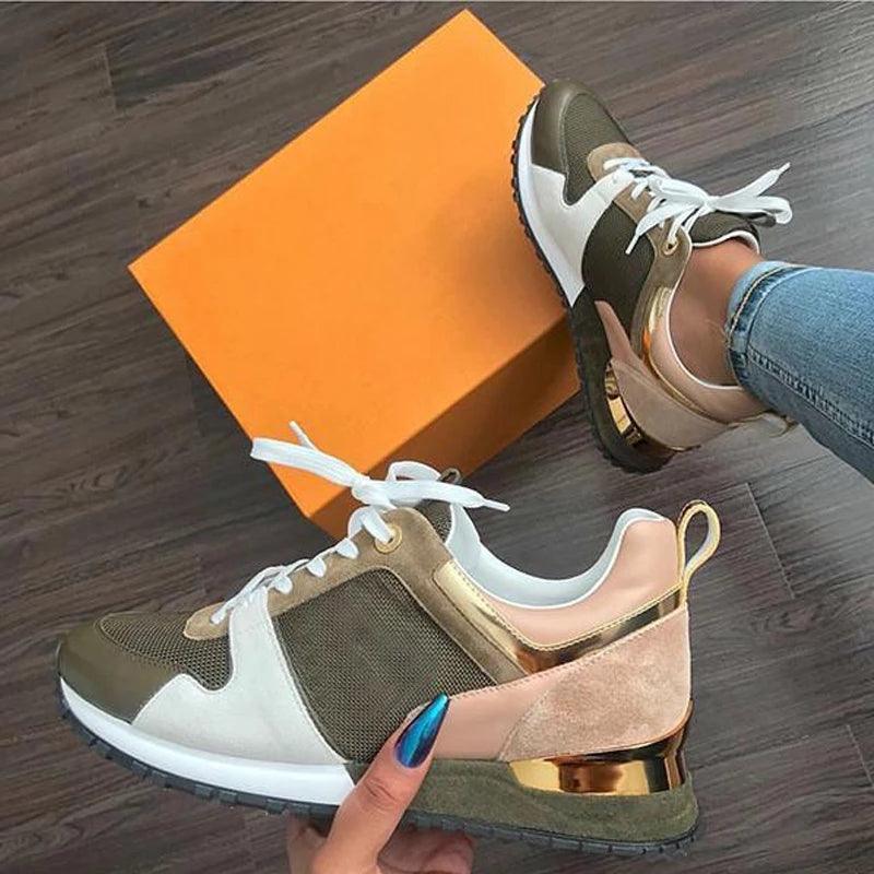 Stevvex women's breathable sneakers olive green beige white with metallic gold heel, pair on Tampa Home & Garden Store