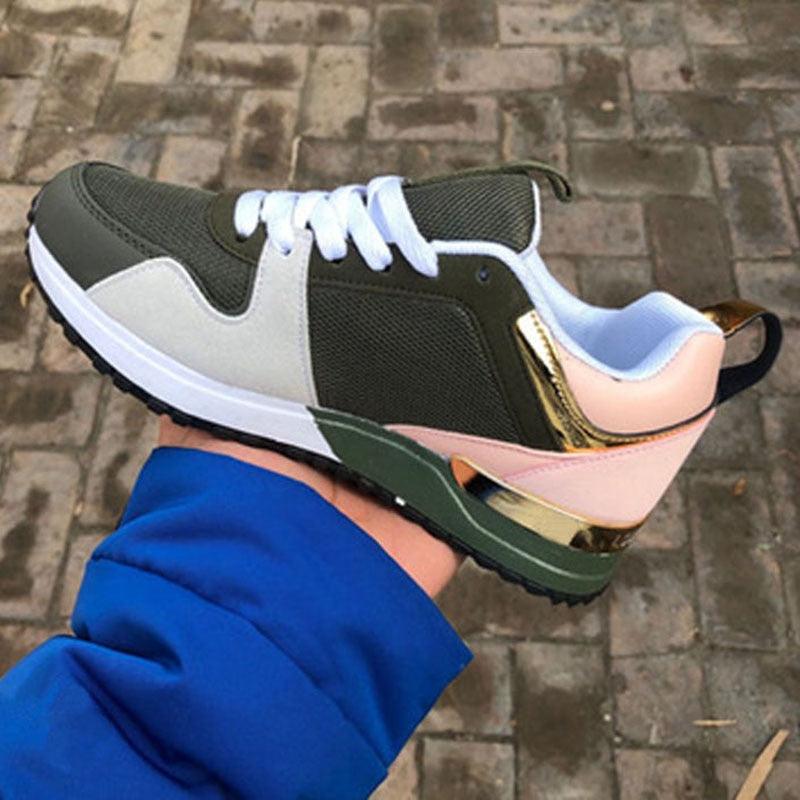 Stevvex women's breathable sneakers with dark green mesh, pink heel, gold accents, lace-up shoes on Tampa Home & Garden Store
