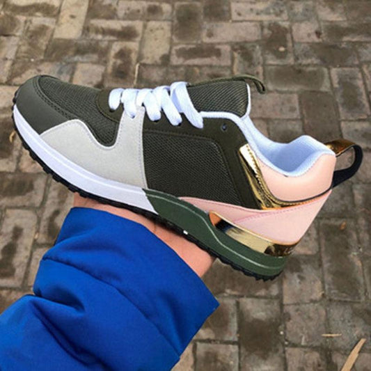 Stevvex women's breathable sneakers with dark green mesh, pink heel, gold accents, lace-up shoes on Tampa Home & Garden Store