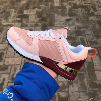 Stevvex women's breathable sneakers peach mesh with white laces burgundy heel accent on Tampa Home & Garden Store