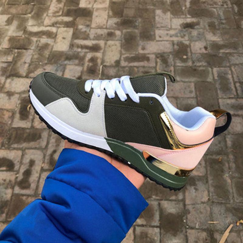 Stevvex women's breathable sneakers olive mesh upper, pink heel, gold accents, black sole on Tampa Home & Garden Store
