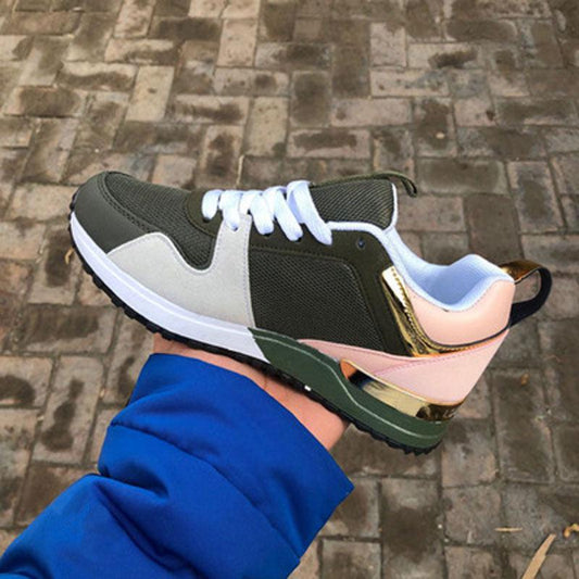 Stevvex women's breathable sneakers olive mesh upper, pink heel, gold accents, black sole on Tampa Home & Garden Store
