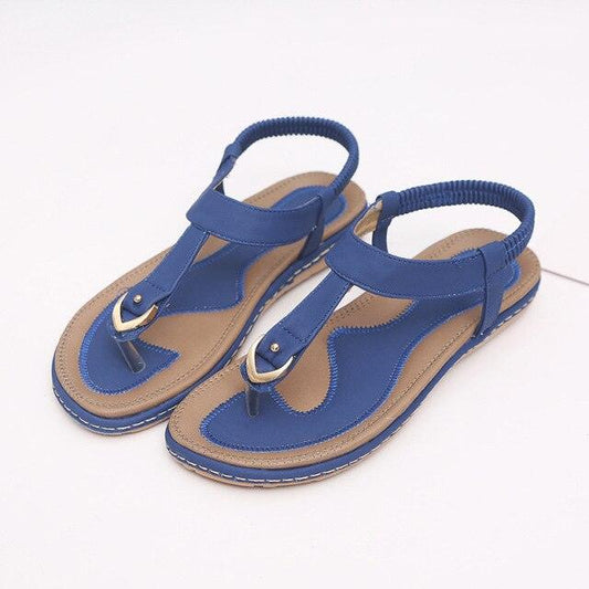 Stevvex blue women’s T-strap sandals with elastic back strap and beige footbed pair on Tampa Home & Garden Store