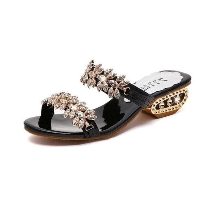 Women's Stevvex sandal with rhinestone leaf-strap, black patent finish on Tampa Home & Garden Store