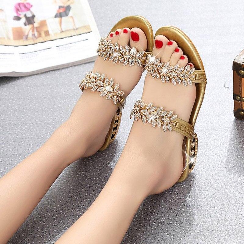 Stevvex gold rhinestone leaf-strap sandals for women on Tampa Home & Garden Store