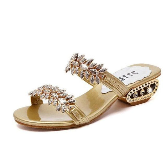 Stevvex gold rhinestone sandals with jeweled leaf embellishments, open-toe slide on Tampa Home & Garden Store