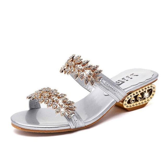 Stevvex silver rhinestone sandals with leaf-embellished straps and gold heel on Tampa Home & Garden Store
