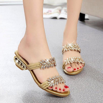 Stevvex gold rhinestone sandals with jeweled straps and low heel on Tampa Home & Garden Store
