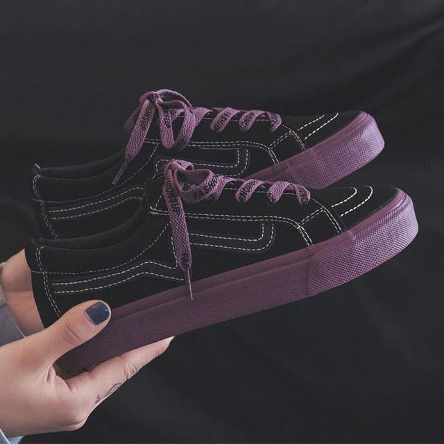 Stevvex black low-top sneakers with purple sole and laces, canvas casual pair on Tampa Home & Garden Store