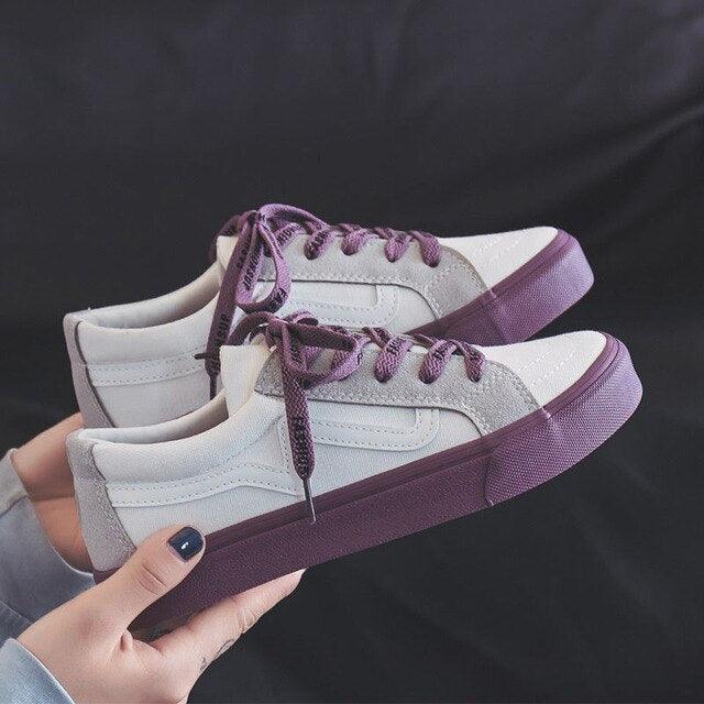 Stevvex women's sneakers pair, white canvas with purple sole and lilac laces on Tampa Home & Garden Store