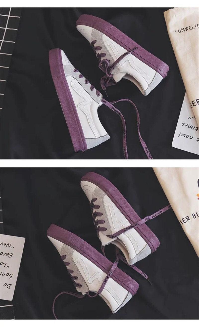 Stevvex white canvas sneakers with purple outsole and laces, low-top platform casual pair on Tampa Home & Garden Store