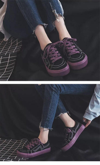 Women’s black canvas sneakers with purple outsole and lilac laces, lace-up low-top platform on Tampa Home & Garden Store