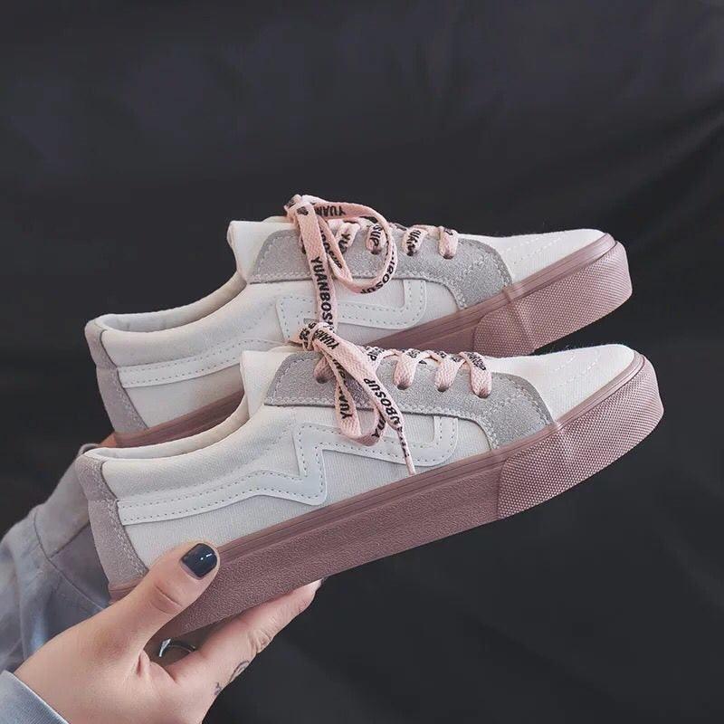 Stevvex women's white platform sneakers with pink sole, low-top lace-up canvas pair on Tampa Home & Garden Store