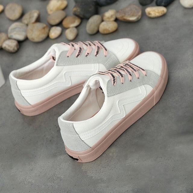 Stevvex women's white pink platform canvas sneakers lace-up low-top pair on Tampa Home & Garden Store